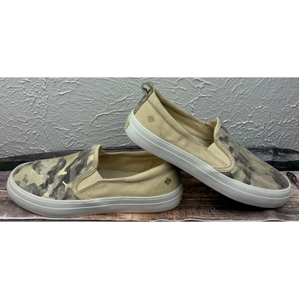 Sperry Crest Twin Gore Sneakers Womens 8.5 Metallic Ivory Camo Slip On STS87041